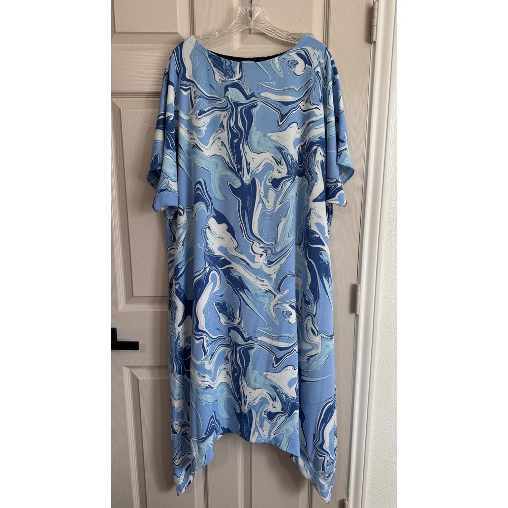 Chicos Dress Size 1 Blue Marble Swirl Handkerchief Hem Midi Short Sleeve Stretch